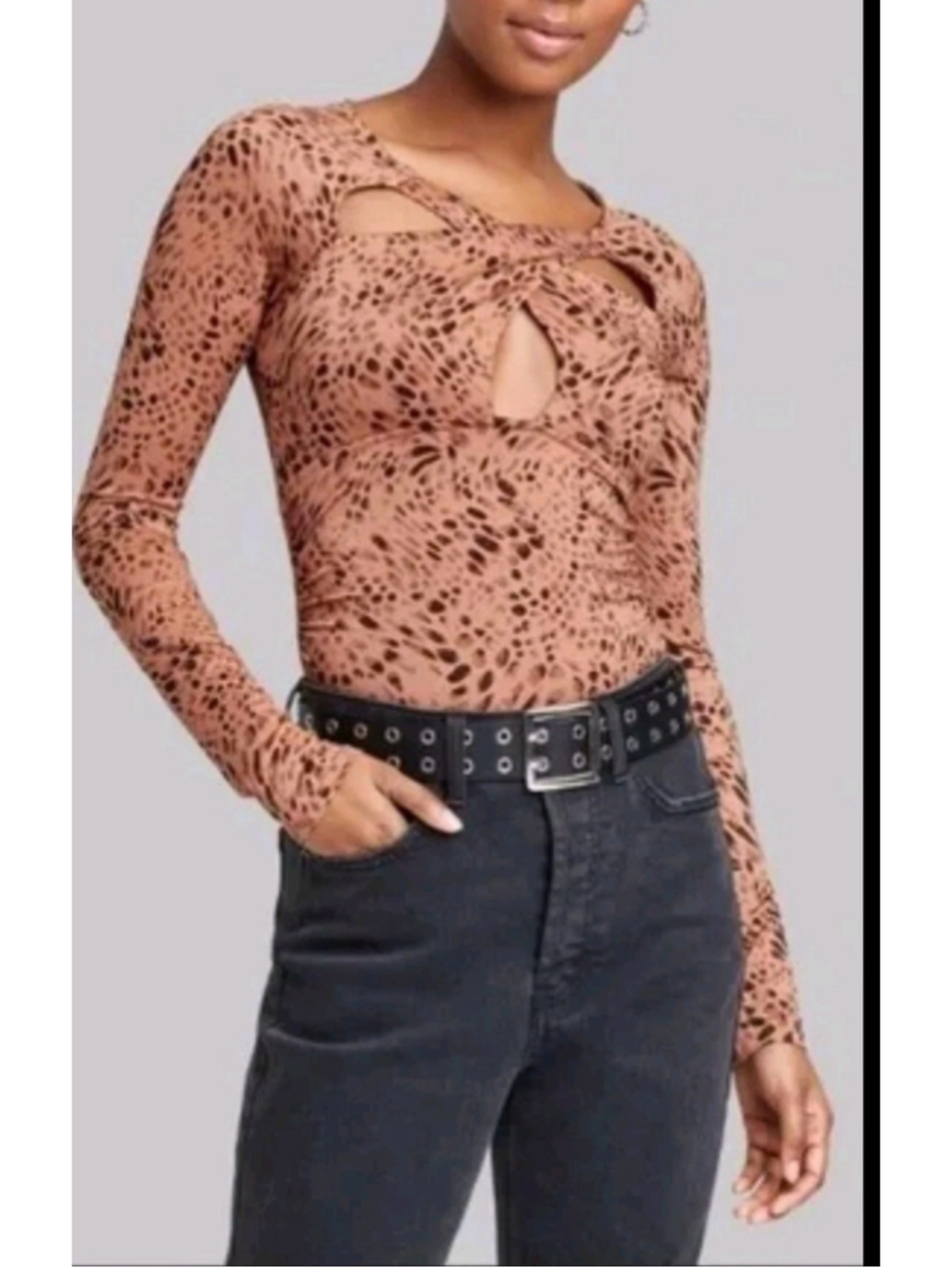 Wild Fable Leopard Long Sleeve Cutout Bodysuit Size L NWOT Sexy Cheetah Snap